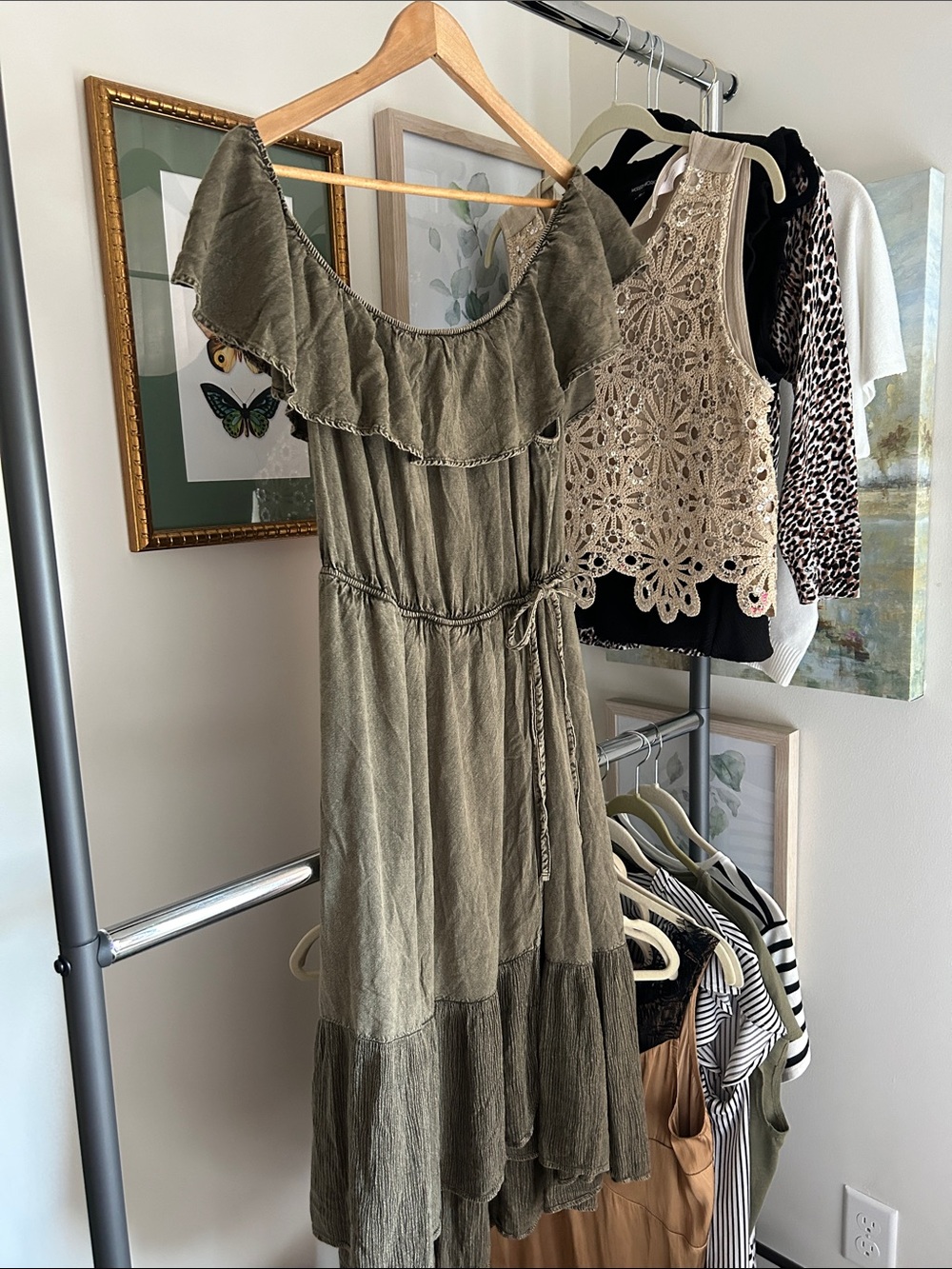 Earthbound L Olive Off-Shoulder Ruffle Midi Dress - Casual Summer Style